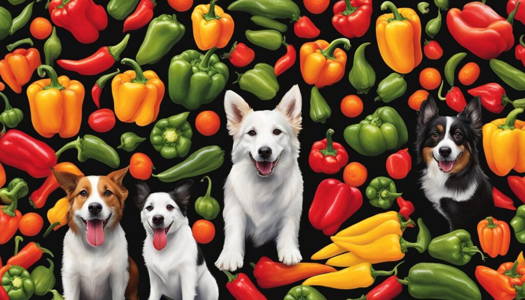 dogs eating different colored bell peppers